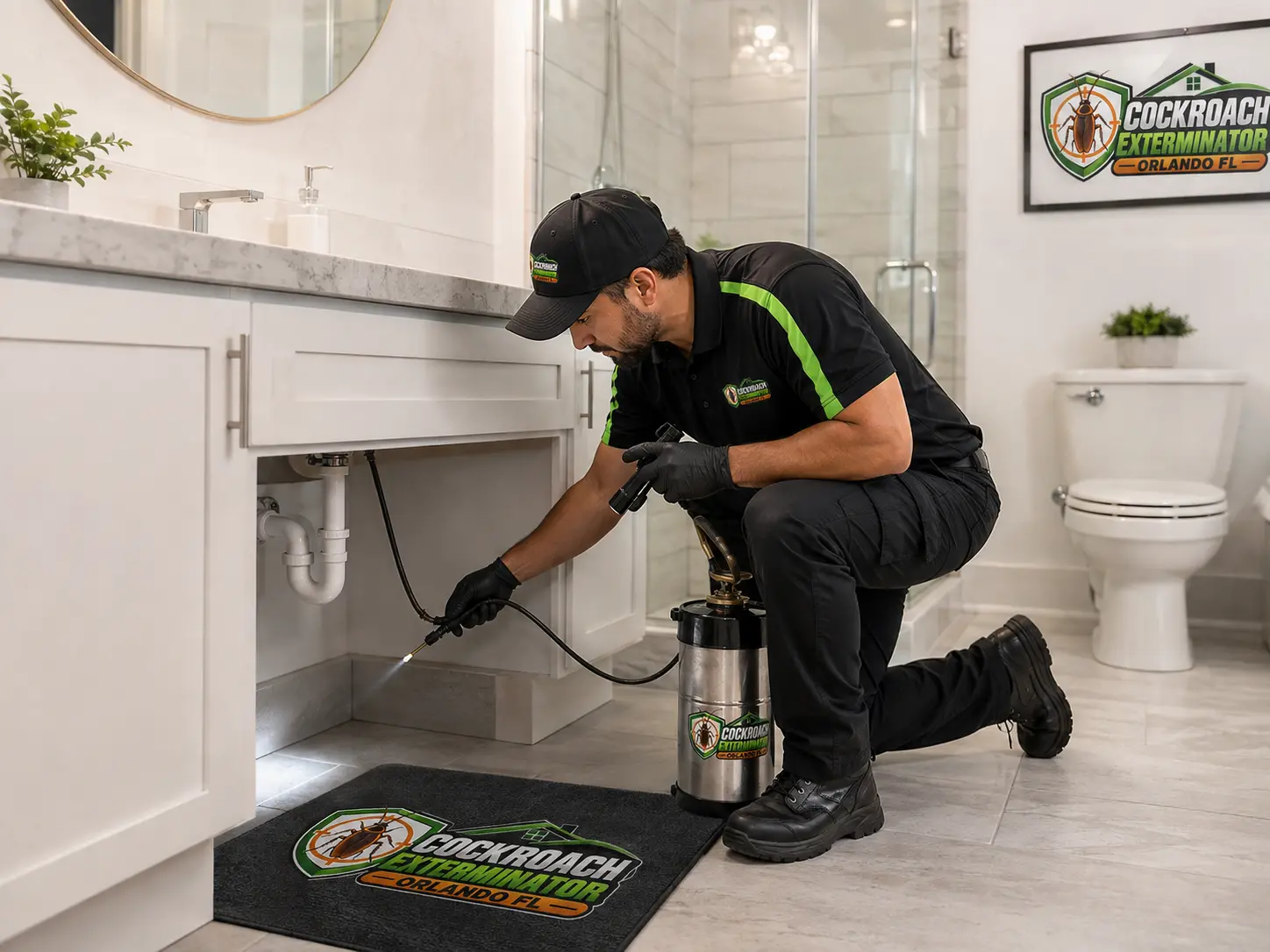 Technician inspecting plumbing under a bathroom vanity for cockroach activity
