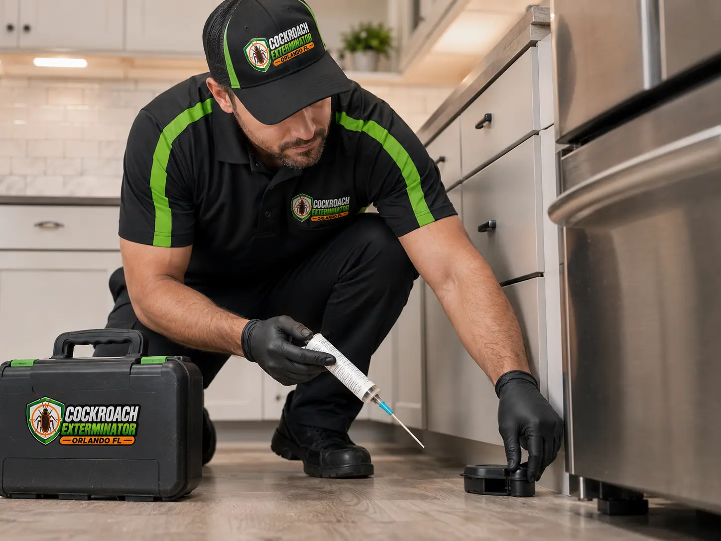 Orlando pest control technician applying precision bait gel beneath a kitchen cabinet