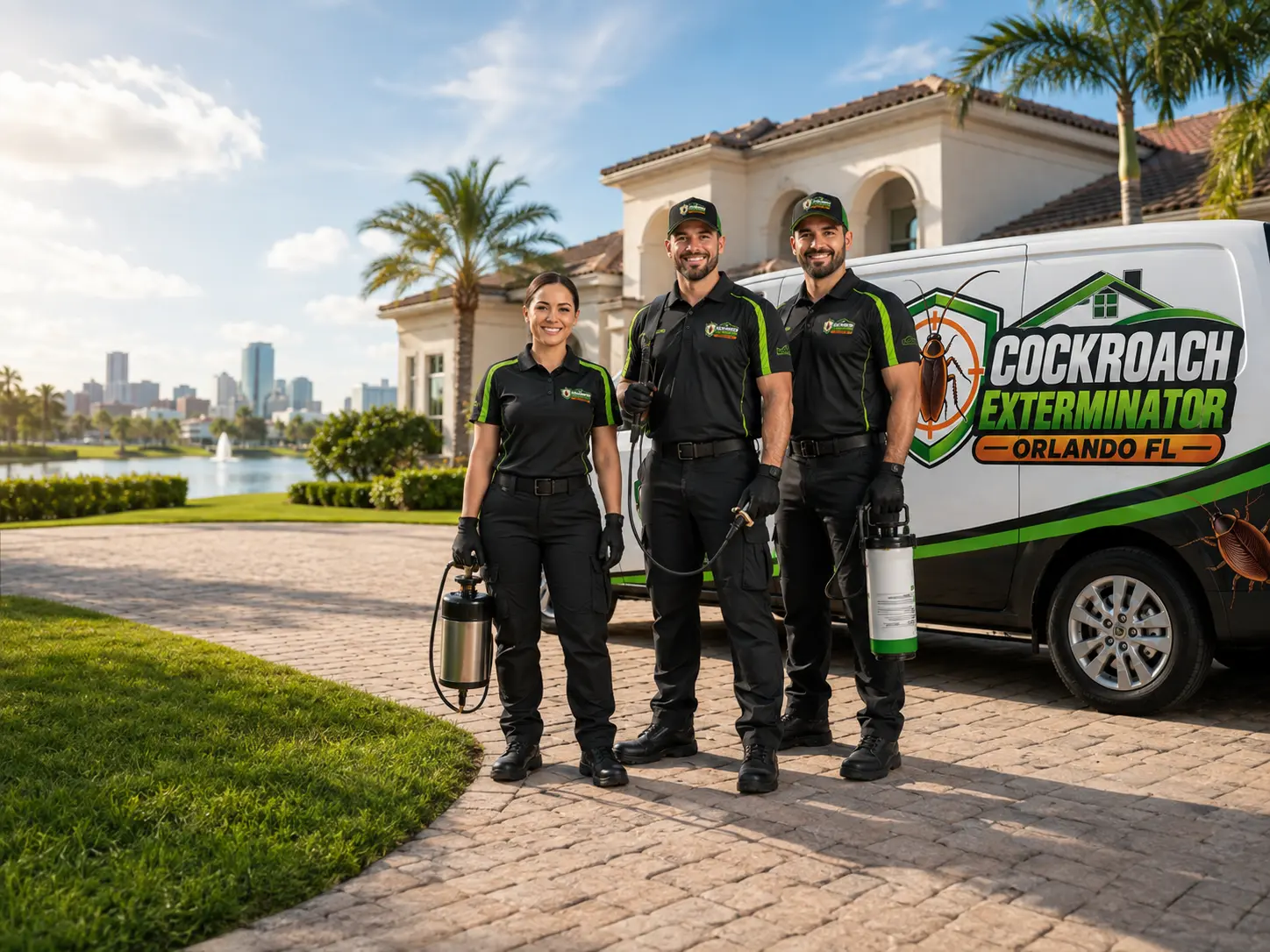 Pest control team standing in front of a service van outside an Orlando home